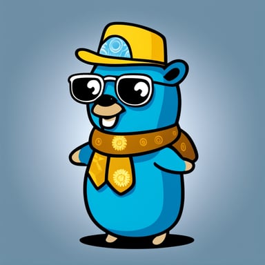 A go blue gopher in 2D style, wearing a tie-dye shirt.