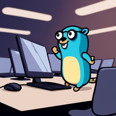 Go Blue Gopher sitting on a laptop which is connected to multiple servers.