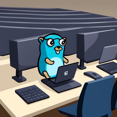 Go Blue Gopher sitting on a laptop which is connected to multiple servers.