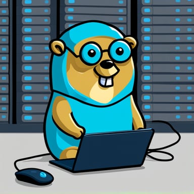 Go Blue Gopher sitting on a laptop which is connected to multiple servers.