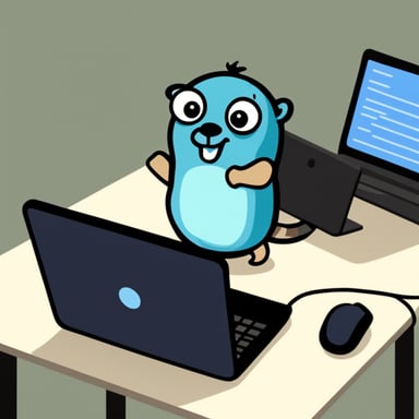 Go Blue Gopher sitting on a laptop which is connected to multiple servers.