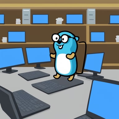 Go Blue Gopher sitting on his desk and working on his laptop. In the background, you can see many big servers. Go Blue Gopher's laptop is connected to them.