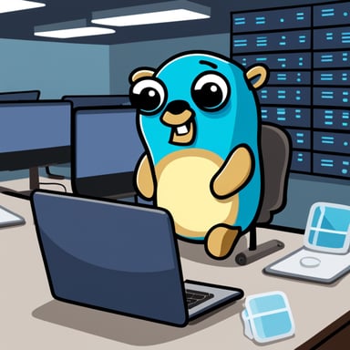 Go Blue Gopher sitting on his desk and working on his laptop. In the background, you can see many big servers. Go Blue Gopher's laptop is connected to them.