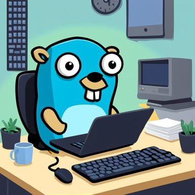 Go Blue Gopher sitting on his desk and working on his laptop. In the background, you can see many big servers. Go Blue Gopher's laptop is connected to them.