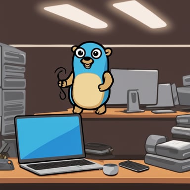 Go Blue Gopher sitting on his desk and working on his laptop. In the background, you can see many big servers. Go Blue Gopher's laptop is connected to them.