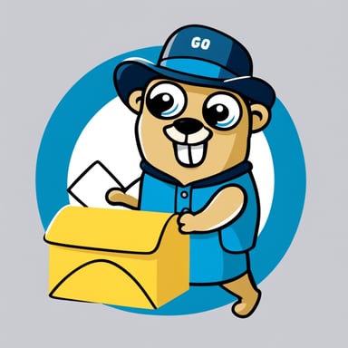 Go Blue Gopher is depicted in a playful illustration, dashing with a white envelope in hand. This enthusiastic mascot is on a mission to deliver mail, heading towards a traditional yellow mailbox with its flag raised, signaling outgoing post. The scene unfolds on a light gray circular backdrop, emphasizing the simplicity and cheerful vibe of the moment. Go Blue Gopher's light blue color vibrantly contrasts with the yellow mailbox, while the white envelope and gray background harmonize the image. This modern cartoon style, characterized by its clean lines and minimalist color scheme, captures Go Blue Gopher's lively spirit.