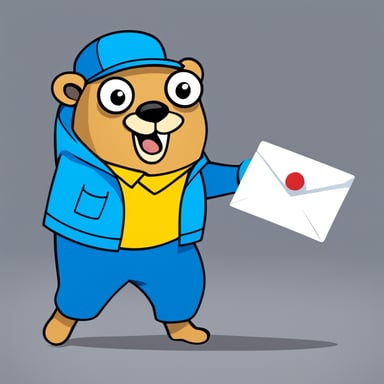 Go Blue Gopher is depicted in a playful illustration, dashing with a white envelope in hand. This enthusiastic mascot is on a mission to deliver mail, heading towards a traditional yellow mailbox with its flag raised, signaling outgoing post. The scene unfolds on a light gray circular backdrop, emphasizing the simplicity and cheerful vibe of the moment. Go Blue Gopher's light blue color vibrantly contrasts with the yellow mailbox, while the white envelope and gray background harmonize the image. This modern cartoon style, characterized by its clean lines and minimalist color scheme, captures Go Blue Gopher's lively spirit.