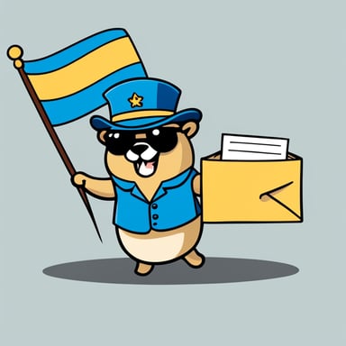 Go Blue Gopher is depicted in a playful illustration, dashing with a white envelope in hand. This enthusiastic mascot is on a mission to deliver mail, heading towards a traditional yellow mailbox with its flag raised, signaling outgoing post. The scene unfolds on a light gray circular backdrop, emphasizing the simplicity and cheerful vibe of the moment. Go Blue Gopher's light blue color vibrantly contrasts with the yellow mailbox, while the white envelope and gray background harmonize the image. This modern cartoon style, characterized by its clean lines and minimalist color scheme, captures Go Blue Gopher's lively spirit.