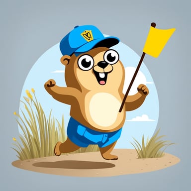 Go Blue Gopher is depicted in a playful illustration, dashing with a white envelope in hand. This enthusiastic mascot is on a mission to deliver mail, heading towards a traditional yellow mailbox with its flag raised, signaling outgoing post. The scene unfolds on a light gray circular backdrop, emphasizing the simplicity and cheerful vibe of the moment. Go Blue Gopher's light blue color vibrantly contrasts with the yellow mailbox, while the white envelope and gray background harmonize the image. This modern cartoon style, characterized by its clean lines and minimalist color scheme, captures Go Blue Gopher's lively spirit.