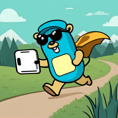 Go Blue Gopher is running with mails in his right hand to deliver them into a mailbox, while in his left hand, he is sending a text with his smartphone.