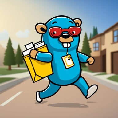 Go Blue Gopher is running with mails in his right hand to deliver them into a mailbox, while in his left hand, he is sending a text with his smartphone.