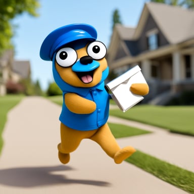 Go Blue Gopher is running with mails in his right hand to deliver them into a mailbox.