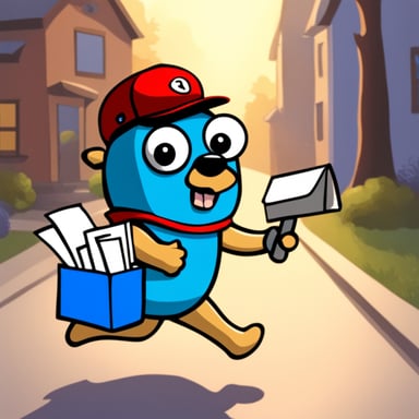 Go Blue Gopher is running with mails in his right hand to deliver them into a mailbox.
