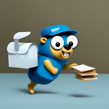 Go Blue Gopher is running with mails in his right hand to deliver them into a mailbox.