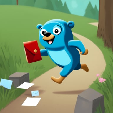 Go Blue Gopher is running with mails in his right hand to deliver them into a mailbox.