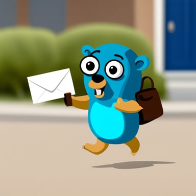 Go Blue Gopher is running with mails in his right hand to deliver them into a mailbox. He got short legs.