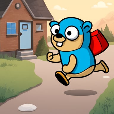 Go Blue Gopher is running with mails in his right hand to deliver them into a mailbox. He got short legs.