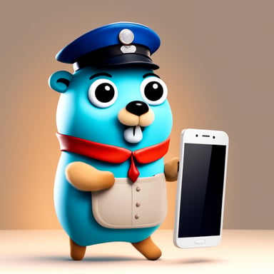 Happy Go Blue Gopher is dressed as a postman and has a smartphone in its hands.