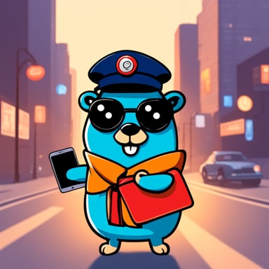Happy Go Blue Gopher is dressed as a postman and has a smartphone in its hands.