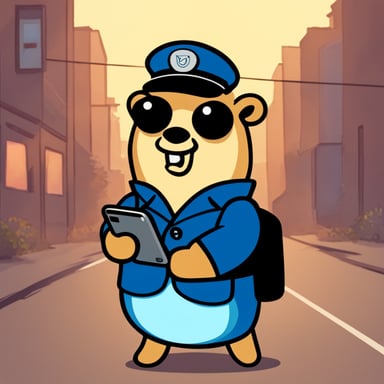 Happy Go Blue Gopher is dressed as a postman and has a smartphone in its hands.