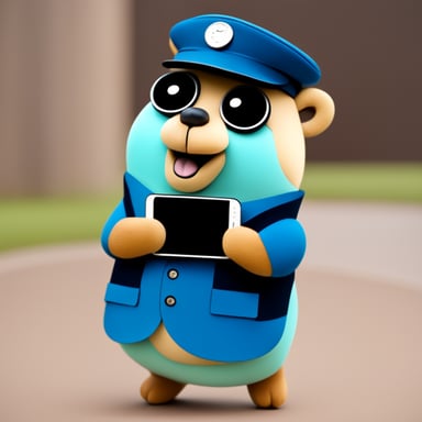 Happy Go Blue Gopher is dressed as a postman and has a smartphone in its hands.
