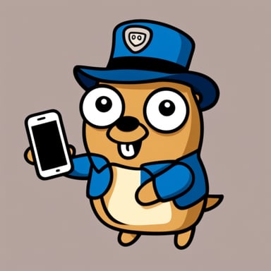 Happy Go Blue Gopher is dressed as a postman and has a smartphone in its hands.