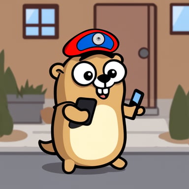 Happy Go Blue Gopher is dressed as a postman and has a smartphone in its hands.