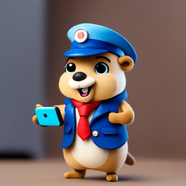 Happy Go Blue Gopher is dressed as a postman and has a smartphone in its hands.