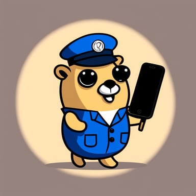 Happy Go Blue Gopher is dressed as a postman and has a smartphone in its hands.