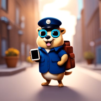 Happy Go Blue Gopher is dressed as a postman and has a smartphone in its hands.