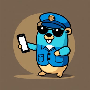 Happy Go Blue Gopher is dressed as a postman and has a smartphone in its hands.