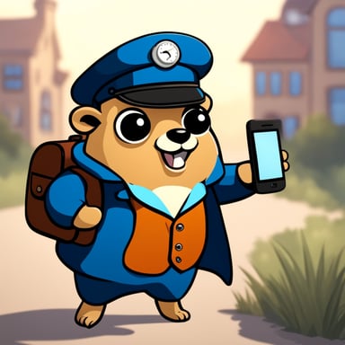 Happy Go Blue Gopher is dressed as a postman and has a smartphone in its hands.