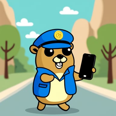 Happy Go Blue Gopher is dressed as a postman and has a smartphone in its hands.