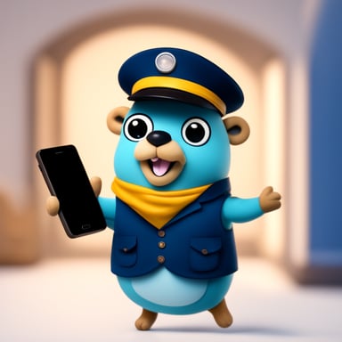Happy Go Blue Gopher is dressed as a postman and has a smartphone in its hands.