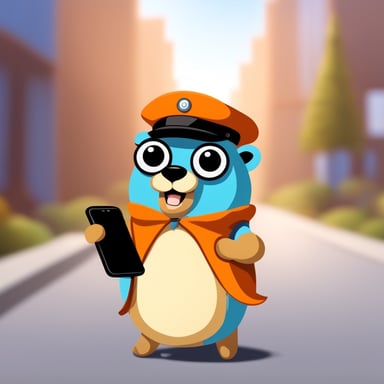 Happy Go Blue Gopher is dressed as a postman and has a smartphone in its hands.