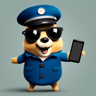 Happy Go Blue Gopher is dressed as a postman and has a smartphone in its hands.