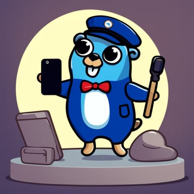 Happy Go Blue Gopher is dressed as a postman and has a smartphone in its hands.