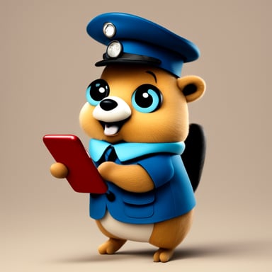 Happy Go Blue Gopher is dressed as a postman and has a smartphone in its hands.