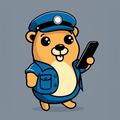 Happy Go Blue Gopher is dressed as a postman and has a smartphone in its hands.