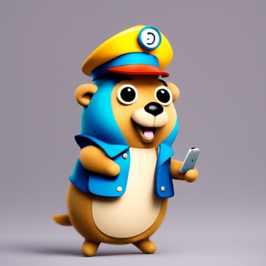 Happy Go Blue Gopher is dressed as a postman and has a smartphone in its hands.