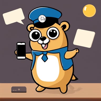 Happy Go Blue Gopher, dressed as a postman, is showing his smartphone with SMS and email.