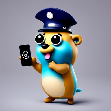 Happy Go Blue Gopher, dressed as a postman, is showing his smartphone with SMS and email.