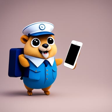 Happy Go Blue Gopher, dressed as a postman, is showing his smartphone with SMS and email.