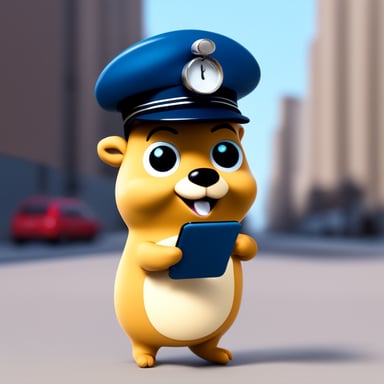 Happy Go Blue Gopher, dressed as a postman, is showing his smartphone with SMS and email.