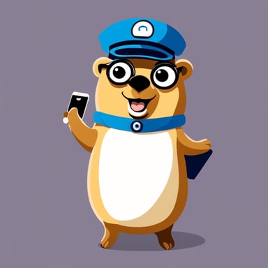 Happy Go Blue Gopher, dressed as a postman, is showing his smartphone with SMS and email.