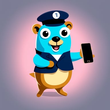 Happy Go Blue Gopher, dressed as a postman, is showing his smartphone with SMS and email.