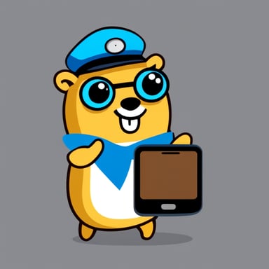 Happy Go Blue Gopher, dressed as a postman, is showing his smartphone with SMS and email.