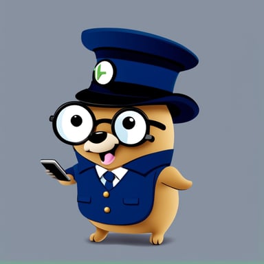 Happy Go Blue Gopher, dressed as a postman, is showing his smartphone with SMS and email.