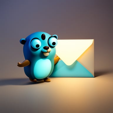 An envelope glows with a blue light, featuring the face of Go Blue Gopher.