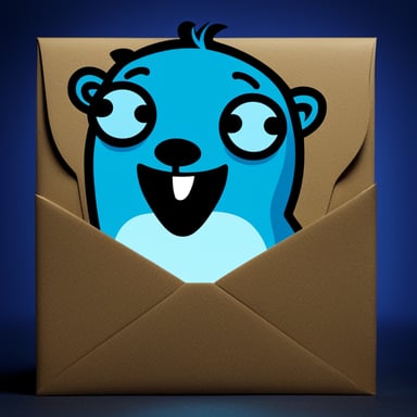 An envelope glows with a blue light, featuring the face of Go Blue Gopher.